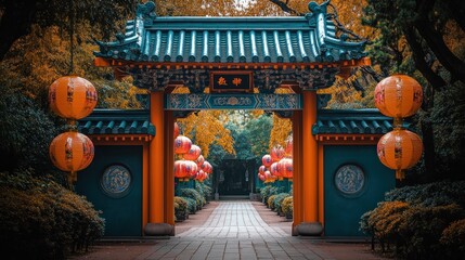 Ornate archway, Asian garden, autumnal hues