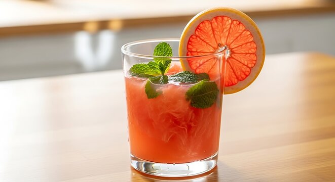 Refreshing grapefruit cocktail with fresh mint on a wooden table. - Powered by Adobe
