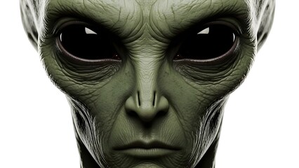 Close-up of a green alien face with large black eyes and wrinkled skin
