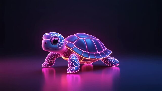 A cute, glowing neon turtle with blue and pink light on a dark background.