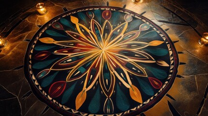 Navajo sand painting, intricate designs with colored sands, depicting creation myths, sand grains shimmer like individual stars, ceremonial lighting