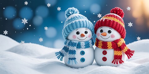 Two adorable snowmen stand together in a winter wonderland scene