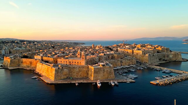 Golden hour aerial view of a majestic medieval fortress city on a peninsula surrounded by sea