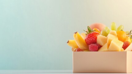 Fresh Fruit Platter: A vibrant collection of fresh, colorful fruits artfully arranged in a wooden box, creating a visual feast for the senses, capturing the essence of health and nature.