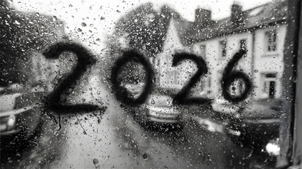 Year 2026 on Rainy Window