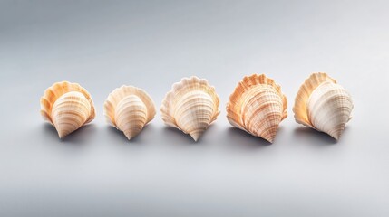 Ocean's Gems: Five meticulously arranged seashells, each a unique masterpiece of nature, line up against a smooth, calming backdrop, exhibiting nature's artistry