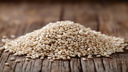 Obraz premium Pile of white sesame seeds on a rustic wooden surface