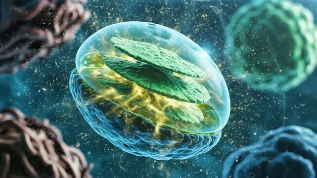 A 3D animated microscopic view of a chloroplast organelle actively engaged in the process of photosynthesis.