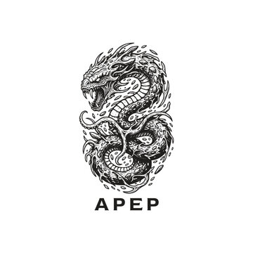 Detailed engraving illustration of Apep, the ancient Egyptian serpent god of chaos and darkness, in a vintage woodcut style