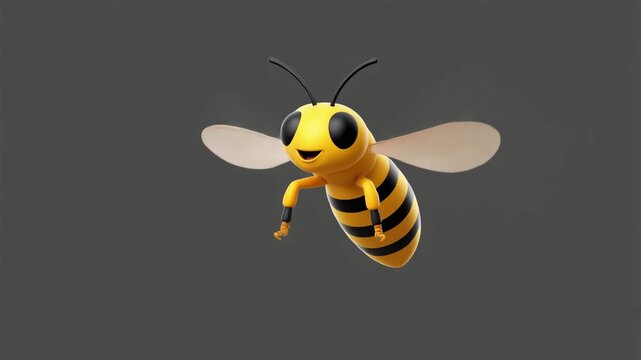A cute 3D cartoon bee with yellow and black stripes flying against a plain gray background.