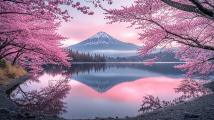 Pink cherry blossoms frame a serene mountain lake at sunrise