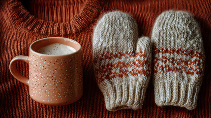 Cozy winter morning with coffee and mittens