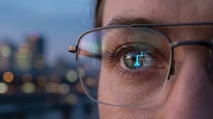 Close-up eye with AR digital overlay in glasses, city lights