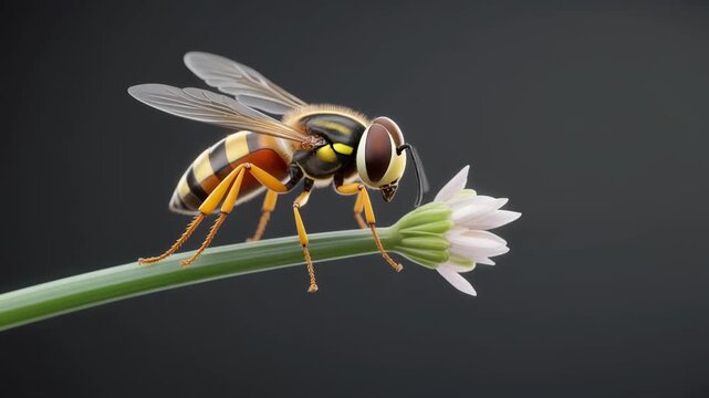 Close-up macro shot of a yellow and black striped hoverfly perched delicately on a small white flower bud against a dark, blurred background.