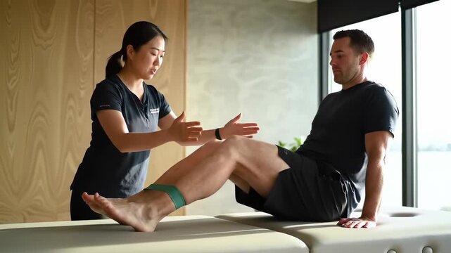 Asian female physiotherapist assisting a male patient with resistance band leg extensions on a treatment table in a modern clinic, illustrating knee rehabilitation and muscle strengthening concepts.