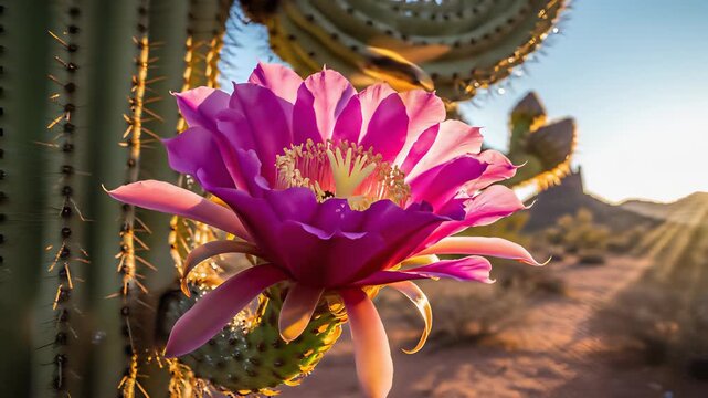 Purple flower blooms unexpectedly from cactus plant amidst desert landscape, capturing concept of resilience and perseverance, highlighting beauty that can thrive amidst challenges.