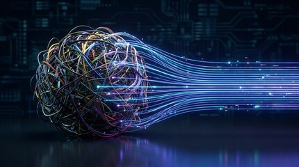 Glowing data stream from tangled network cables