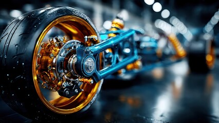 Futuristic car suspension closeup in blue golden glow