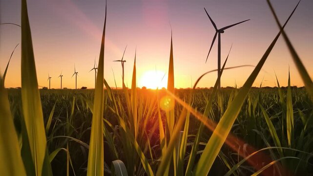 The sun sets behind tall green grass blades, while wind turbines stand in the distance. This scene with grass and wind turbines captures the essence of nature and renewable energy.
