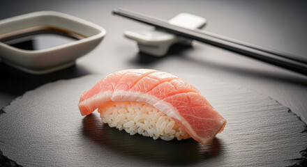 Single piece of premium fatty tuna nigiri (Toro) placed on a dark slate plate, with soy sauce and chopsticks in the background.