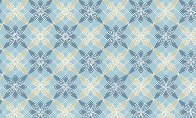 Fototapeta premium Seamless vintage geometric pattern, Teal blue background with elegant white lace texture and gold accents