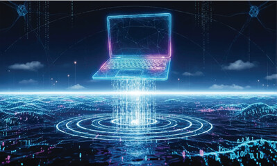 Glowing digital laptop transmitting data streams over futuristic cybernetic landscape design.
