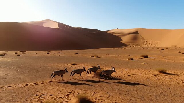 Cinematic Aerial View of a Herd of Oryx Antelopes Walking in a Vast Desert Landscape with Sand Dunes