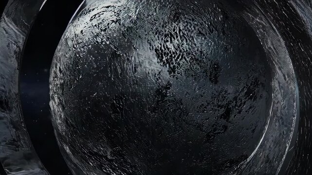 Abstract, dark, textured, sphere-like structure bisected by a white line
