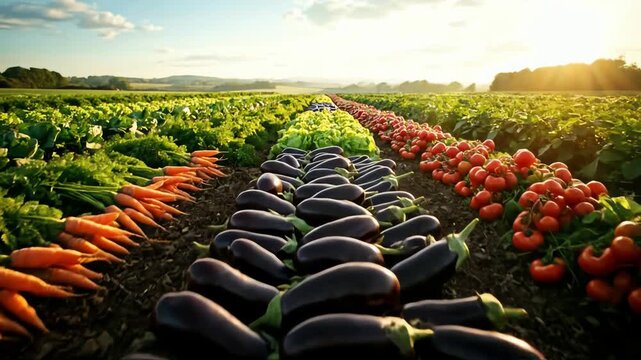 A cinematic dolly shot pulling back to reveal rows of fresh vegetables growing on a beautiful farm at sunrise.