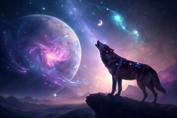 Cosmic Wolf Howling at the Galaxy,
Fantasy Wolf Silhouette Against a Space Nebula ,Background

Majestic Wolf Made of Stardust Howling at a Planet
Surreal Night Sky with a Galaxy Wolf,
Spirit Wolf Howl