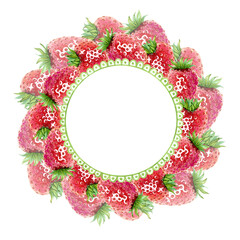 A round frame of red strawberries. A juicy summer berry wreath. Hand drawn watercolor illustration. Copy space template for design cosmetics, fruit snacks, marmalade, candies, chewing gum, menu