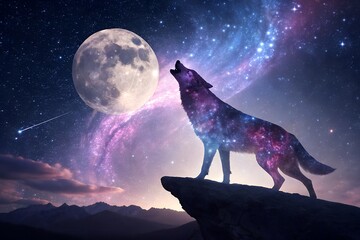 Cosmic Wolf Howling at the Galaxy,
Fantasy Wolf Silhouette Against a Space Nebula ,Background

Majestic Wolf Made of Stardust Howling at a Planet
Surreal Night Sky with a Galaxy Wolf,
Spirit Wolf Howl