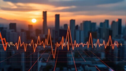 City skyline at sunset overlaid with a graphic representation of data.  A rhythmic, orange line reminiscent of a heartbeat or waveform pattern is superimposed on a blurred cityscape