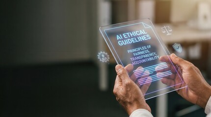 Hands hold a transparent plaque titled AI Ethical Guidelines. AI Ethical Technology concept