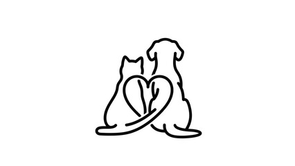 Obraz premium Minimal black line art of a dog and cat sitting side by side with heart tails