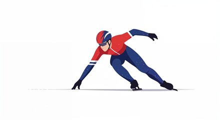 Obraz premium An athletic person in a red and blue speed skating suit glides across a white surface, demonstrating focus and agility in a dynamic racing pose.