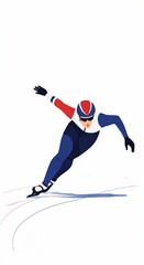 Obraz premium A male speed skater in a blue, red, and white suit leans into a turn on a pristine white surface, demonstrating agility and focus in a dynamic athletic stance.