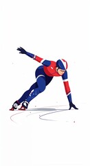 Fototapeta premium A speed skater wearing a red, white, and blue uniform leans into a turn on a pristine white ice rink, demonstrating agility and focus.
