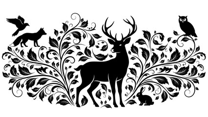 Ornamental woodland silhouette scene featuring deer rabbit owl fox and swirling foliage