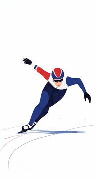 A male speed skater in a blue, red, and white suit leans into a turn on a pristine white surface, demonstrating agility and focus in a dynamic athletic stance.