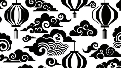 Seamless black and white Asian lanterns clouds pattern with ornamental waves