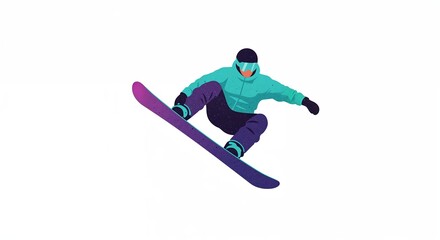 Fototapeta premium A snowboarder in a teal jacket and dark purple pants performs an aerial jump on a vibrant gradient board against a clean white background.