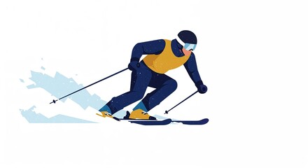 Obraz premium A person in a dark blue ski suit, yellow vest, helmet, and goggles is dynamically skiing down a snowy slope, kicking up fresh powder against a clean white background.