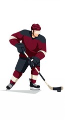 Fototapeta premium A male ice hockey player in a burgundy and dark gray uniform skates on ice, holding a stick and puck in a dynamic action pose against a clean white background.