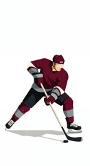 Obraz premium An ice hockey player in a maroon and grey uniform with a helmet and visor, holding a stick and puck in a dynamic stance on a white background.