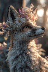 Obraz premium Fox with a flower crown during golden hour in a forest setting