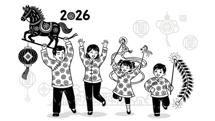 Family celebrating Chinese New Year 2026 with lanterns horse figure fireworks and children