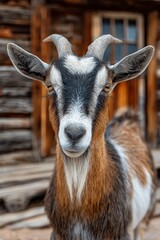 Goat looking at the camera outside a wooden building in the countryside during daylight