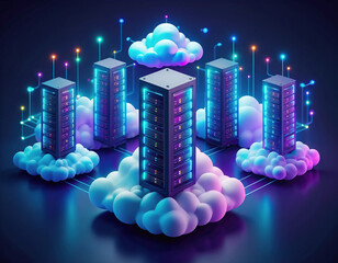 Cloud computing concept featuring a futuristic city skyline of skyscraper buildings in the night sky