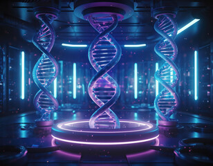 Abstract blue science vector illustration of a DNA helix strand and molecular biology, suggesting the genetic glass of time
